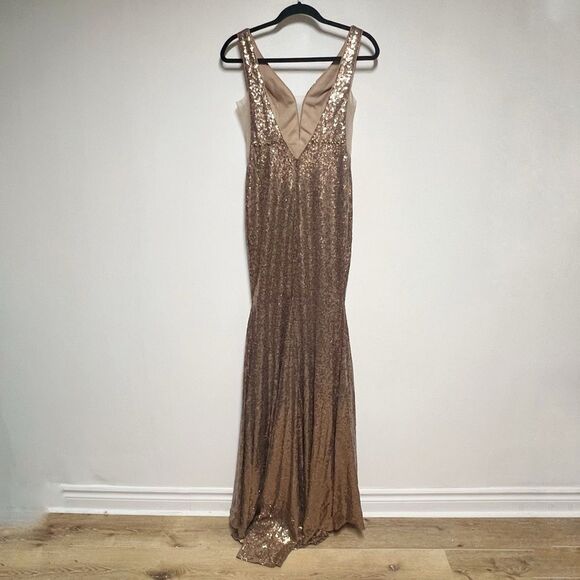 Abby Paris by Lucci Lu Long Sexy Bronze Sequin/rhinestone Deep V Gown Dress Sz 4 - Picture 11 of 14